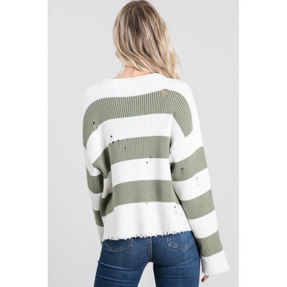 Women's Striped Knit Sweater With Distressing Details (White/Olive) - Picture 4 of 4